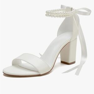Women's Open Toe Block Heels with Pearl Ankle Strap & Bow